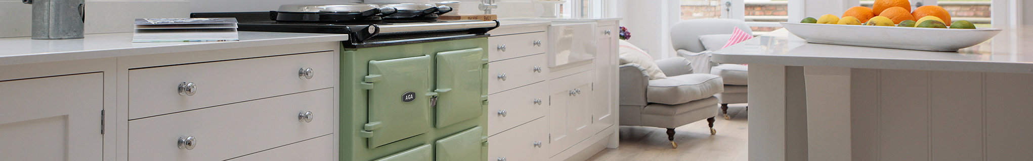 AGA 7 Series in Olivine with White Cabinetry 