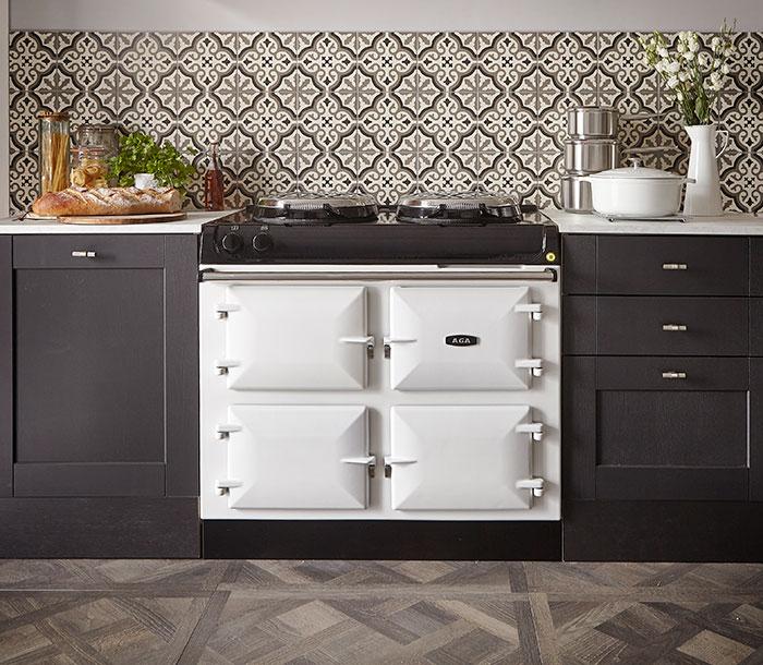 AGA R3 Series 100-4h in White in a kitchen with grey cabinetry and tiled splashback