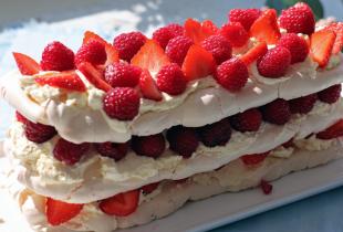 Layered pavlova with strawberries and raspberries